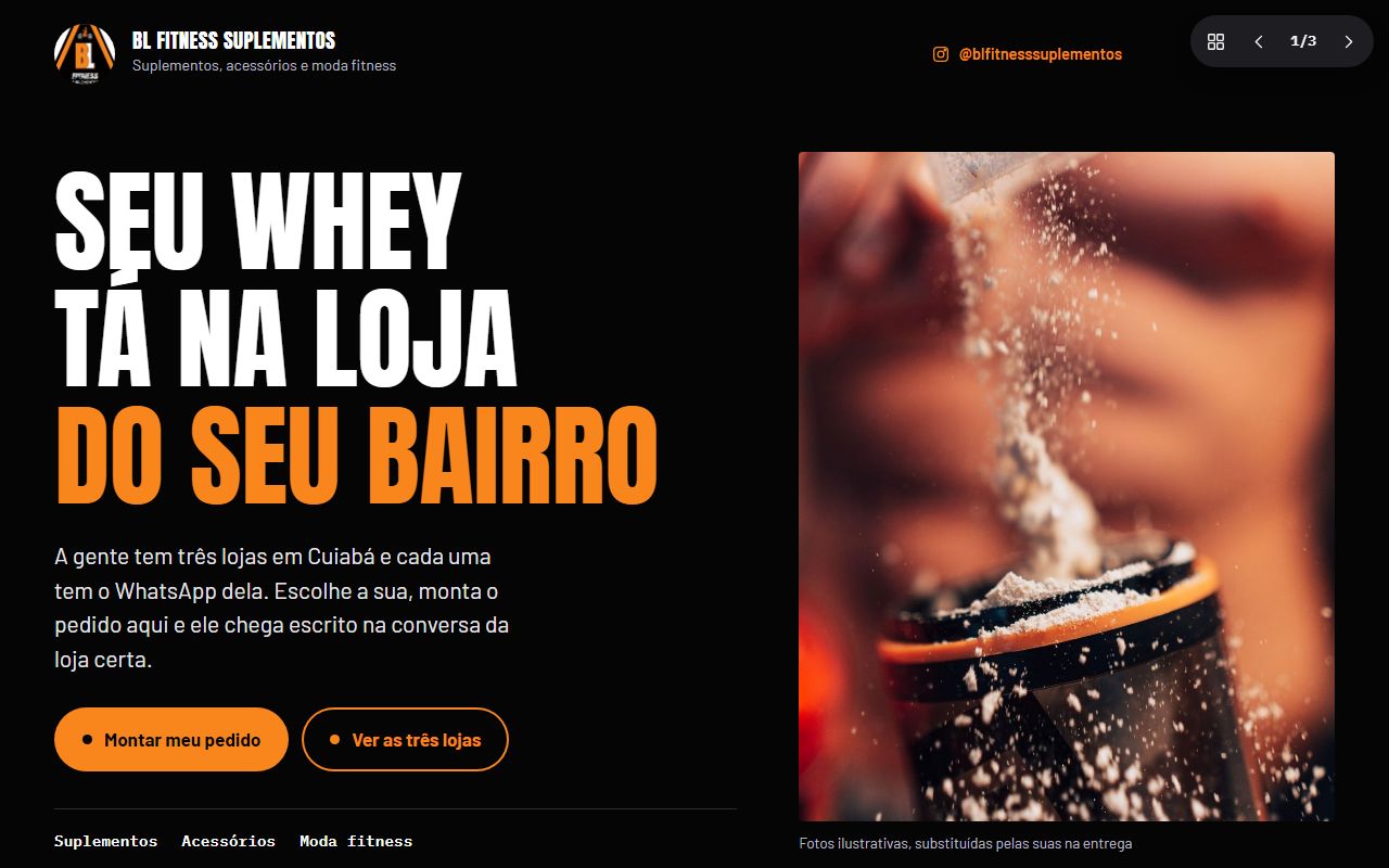 Captura da proposta 1, Preto com laranja, herói em duas colunas, três etiquetas lado a lado.